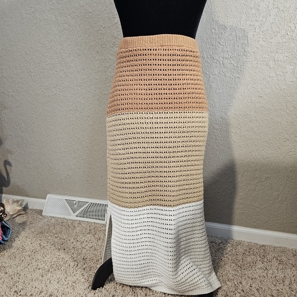 Rachel Roy Crochet Maxi Skirt Striped Tan White Boho Beach Vacation Size XS - Picture 3 of 8